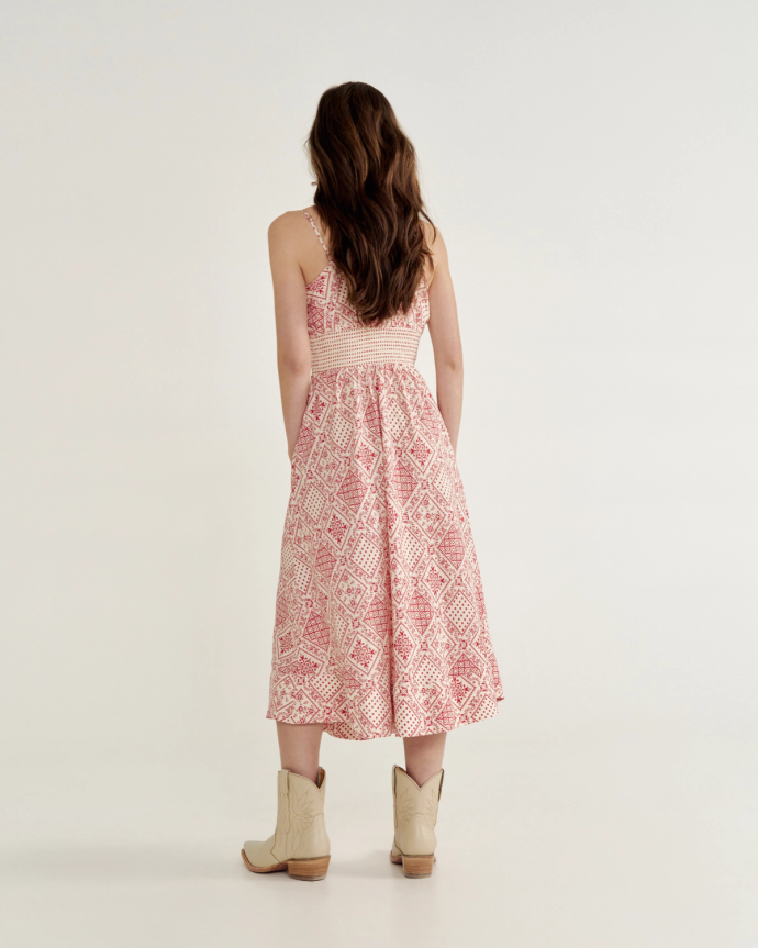 Back view of Women's Tank Tiered Midi Dress - Red Bandana on model