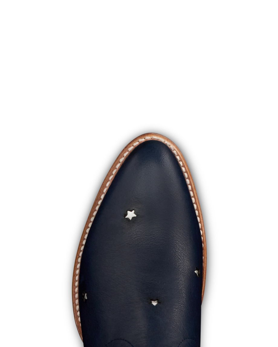 Toe view of The Jamie Firework - Atlantic Blue Cowhide on plain background
