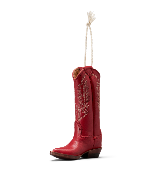 Quarterfront view of Abby Boot Ornament - Crimson on plain background
