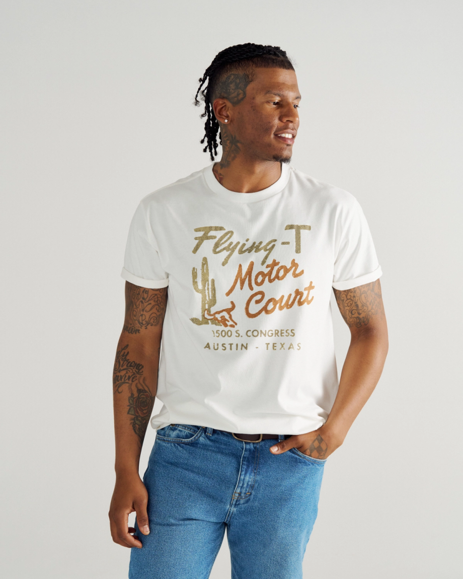Front view of Men's Motor Court Tee - Bone / Multi on model