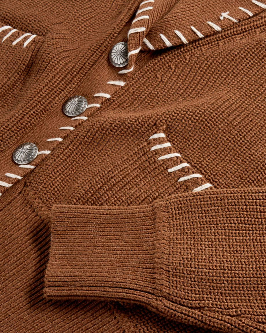 Closeup detail view of Women's Shawl Collar Cardigan Sweater - Tan