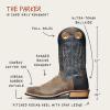 Diagram of The Parker in Sand/Navy - Ultra-Tough Bullhide, Pull Holes, Cowboy Cutter Toe, Rugged Bovine Roughout, Pitched Riding Heel with Spur Ledge, Vibram Rubber Outsole