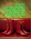 Two pairs of red cowboy boots are displayed on a red bench below a neon sign that reads "S X Tecovas Booth Boots" with a chili pepper graphic.