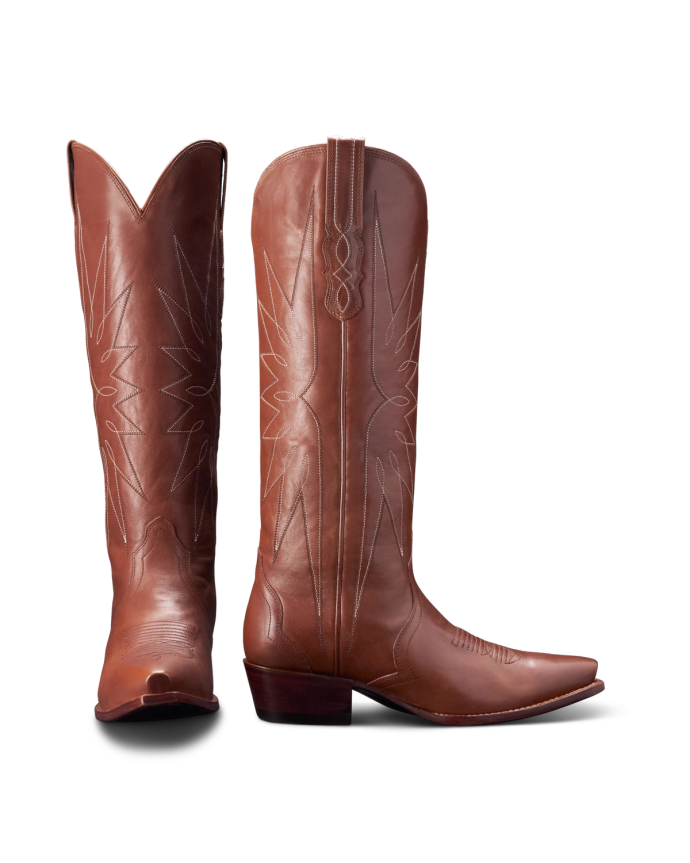 Pair of brown cowboy boots with decorative stitching, standing upright.