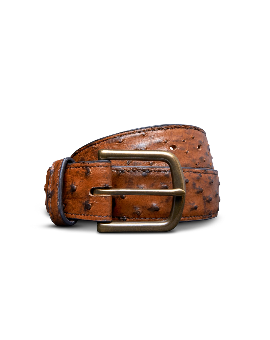 Front view of Men's Ostrich Belt II - Peanut on plain background