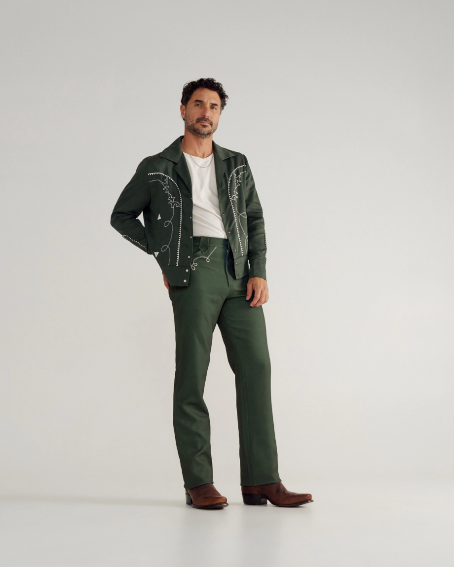 Full view of Men's Tecovas X H Bar C Birthday X Pant - Green on model