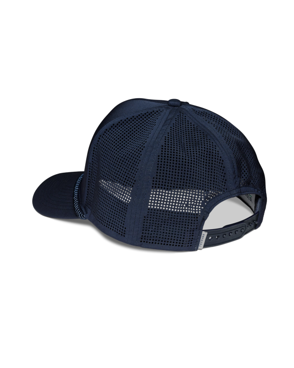 Navy blue mesh-back trucker hat shown from the rear, featuring an adjustable plastic snap closure and curved brim.