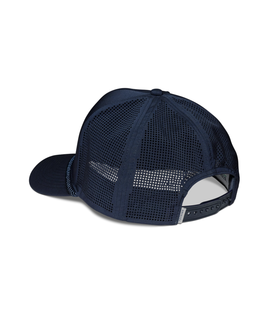 Navy blue mesh-back trucker hat shown from the rear, featuring an adjustable plastic snap closure and curved brim.