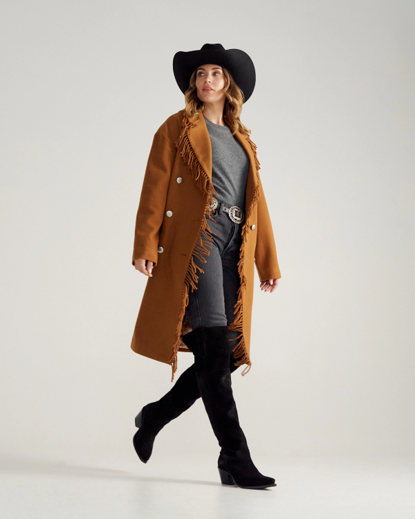 Closeup detail view of Women's Western Fringe Coat - Caramel