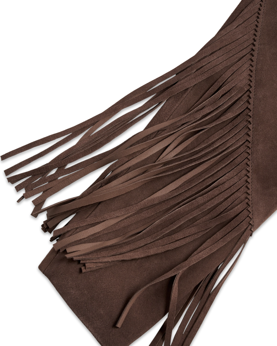 Closeup detail view of Women's Suede Fringe Jacket - Chocolate Brown