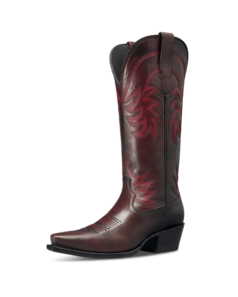 Quarterfront view of The Annie - Black Cherry Cowhide on plain background