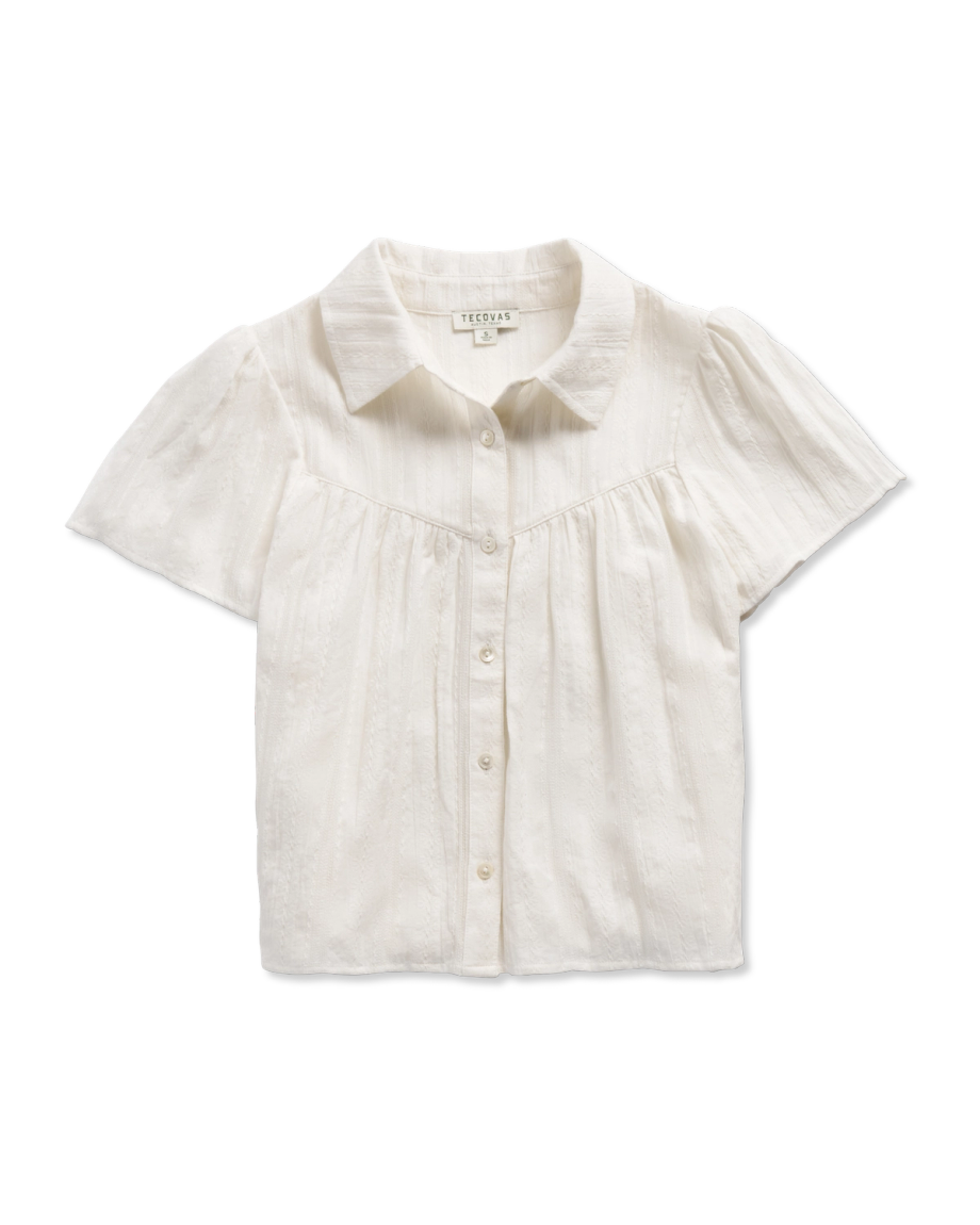 Closeup detail view of Women's S/S Button-Front Gathered Top - White