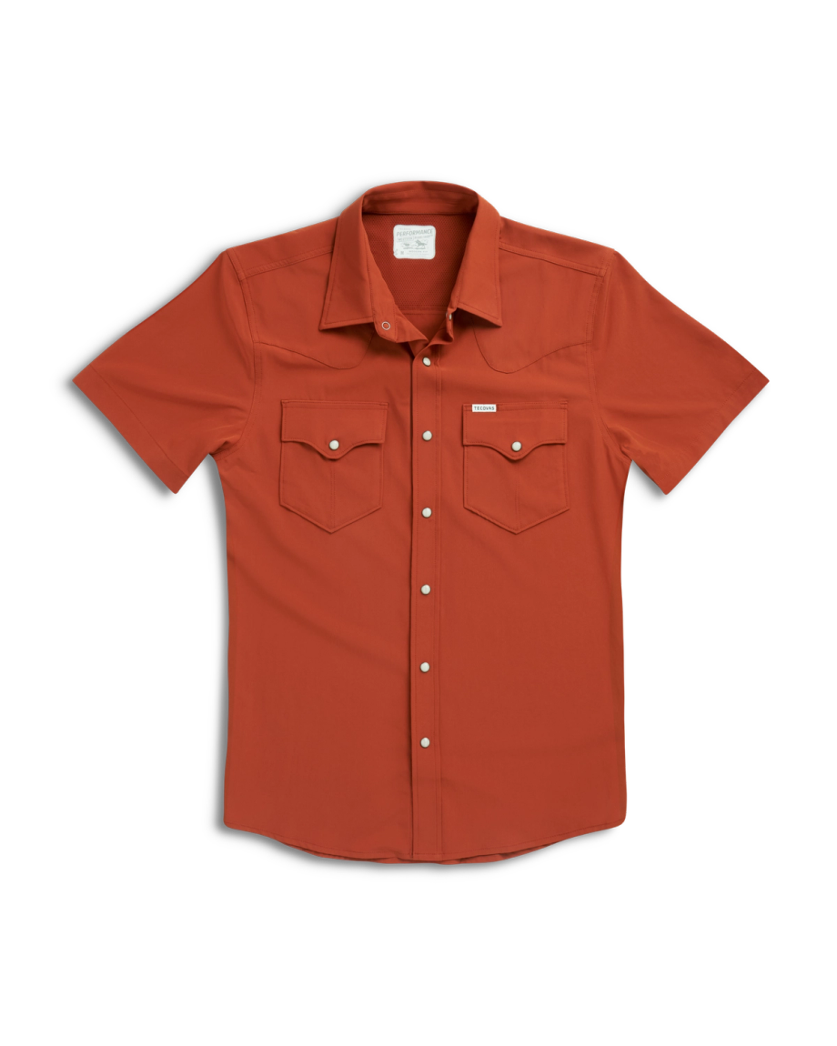 Closeup detail view of Men's Performance Western Pearl Snap SS - Orange Rust