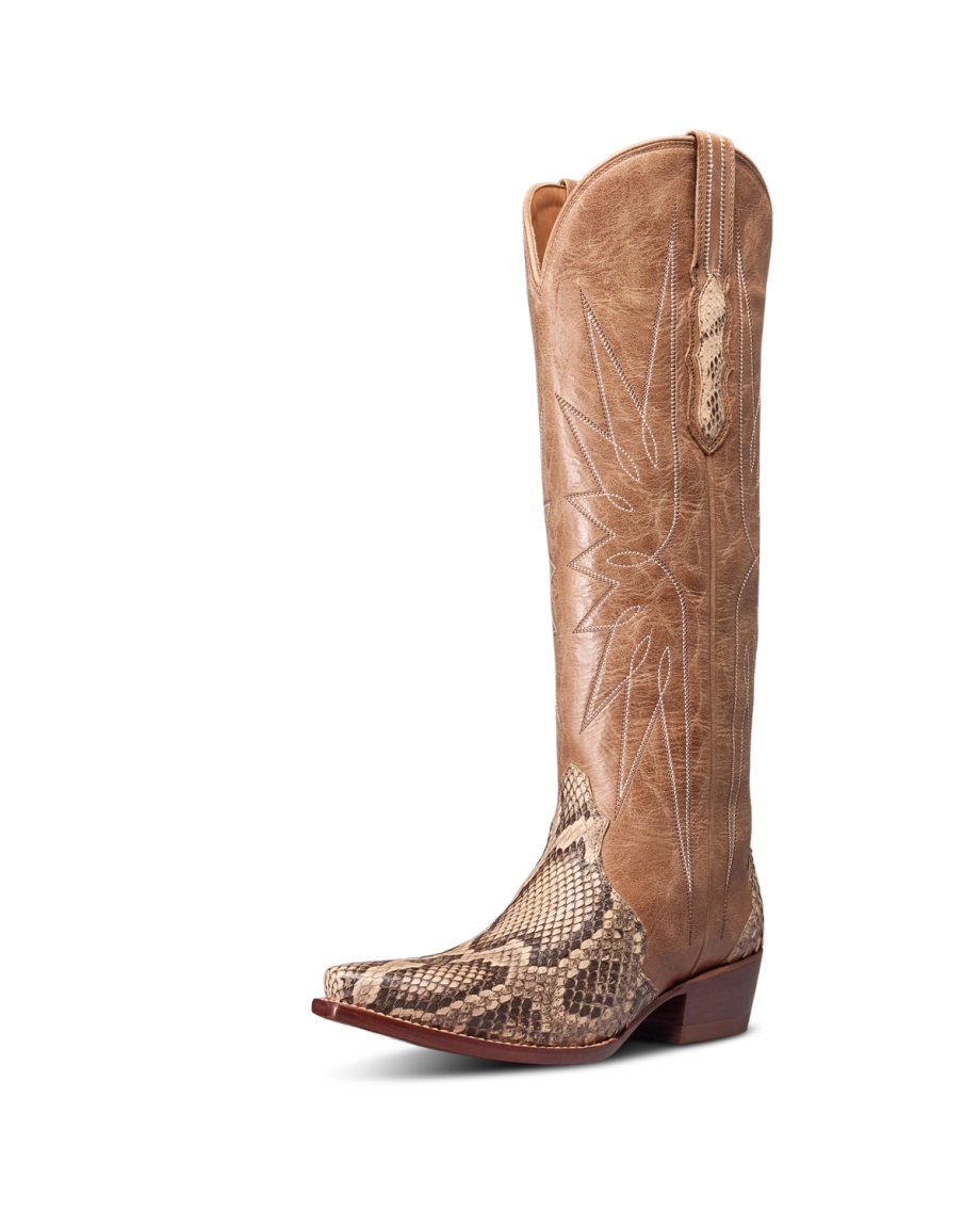 The Loretta in Mangrove Invasive Python. Tall brown cowboy boot with intricate stitching on the shaft and a striking Invasive Python-inspired snakeskin pattern on the foot and heel, displayed against a plain white background.