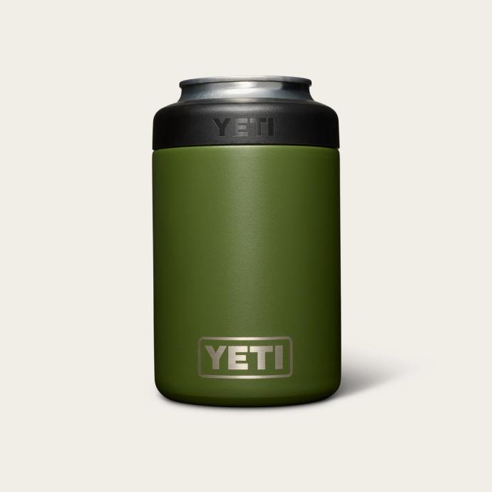 back of olive green yeti bottle with yeti logo