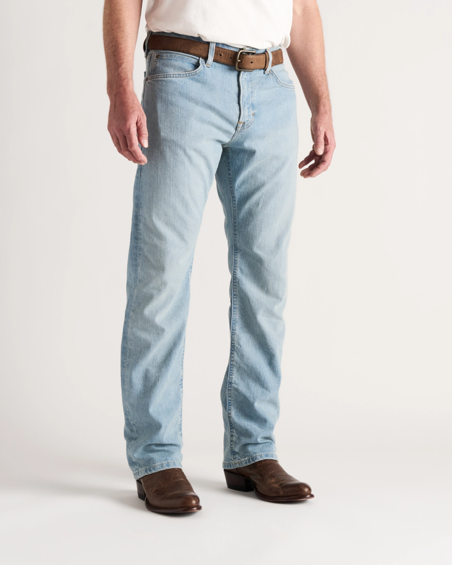 Front view of Men's Straight Stretch Denim - Light Stone Wash on model
