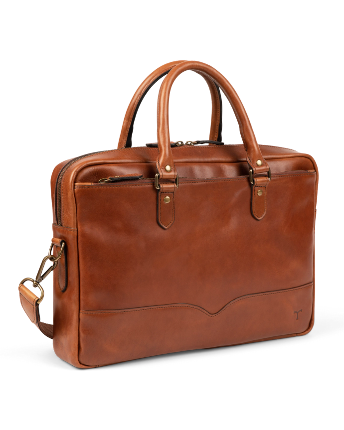 Quarterfront view of the Bartlett Slim Briefcase in Cognac