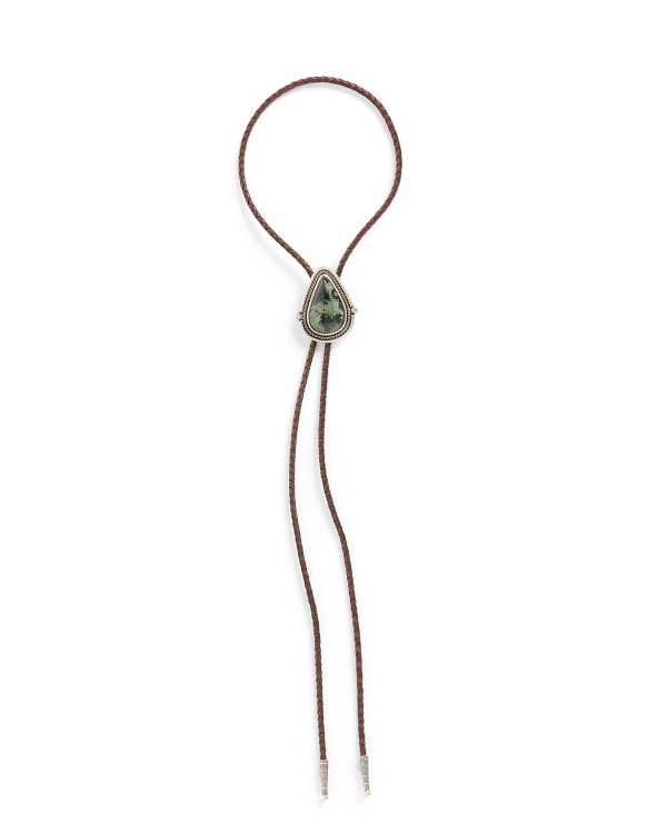 Front view of Iron Lamb Kyanite Drop Bolo - Sage/Navy on plain background