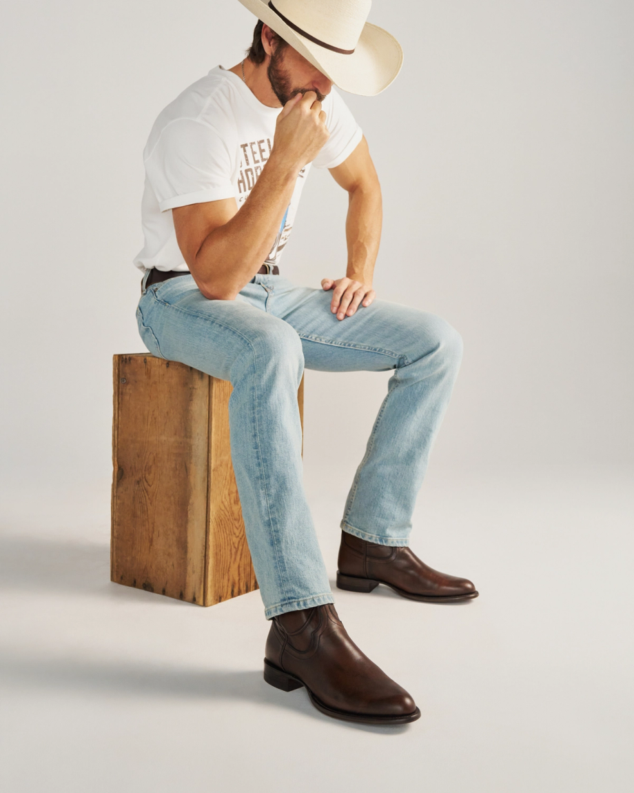 Full view of The Earl - Iced Tea Cowhide on model