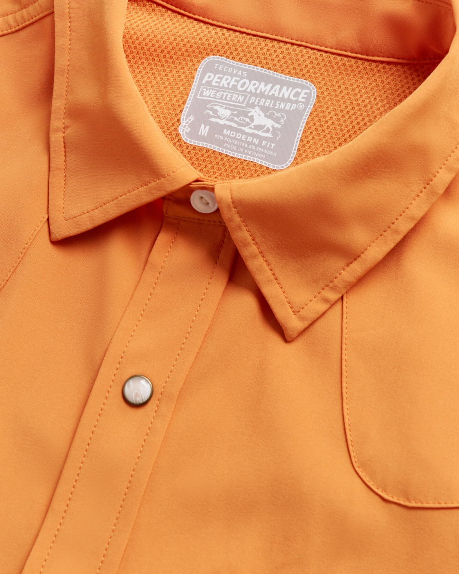 Closeup detail view of Men's Performance Western Pearl Snap SS - Burnt Orange