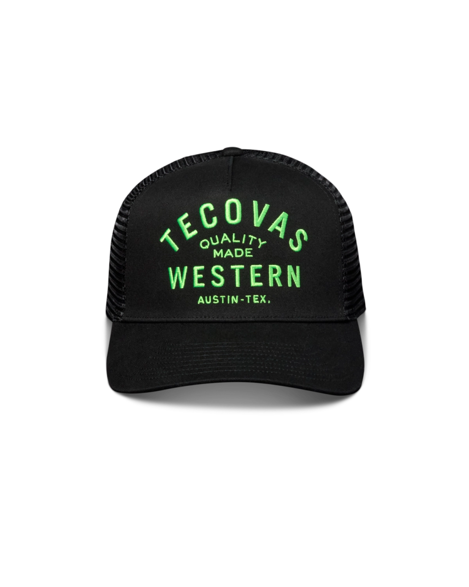 Front view of Quality Made Western Five-Panel Trucker Hat - Black / Gamblers Green Black/Gamblers Green Cotton/Polyester on plain background