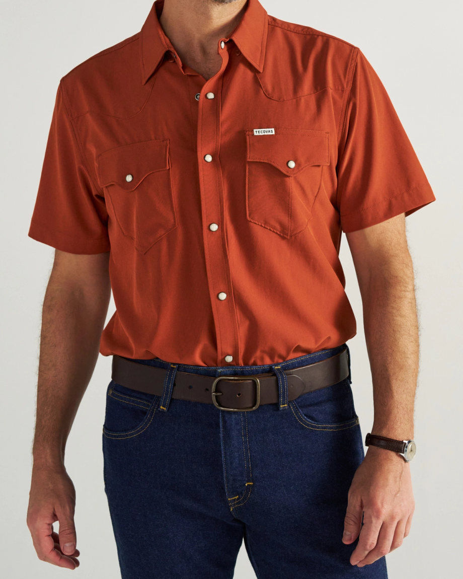Closeup detail view of Men's Performance Western Pearl Snap SS - Orange Rust