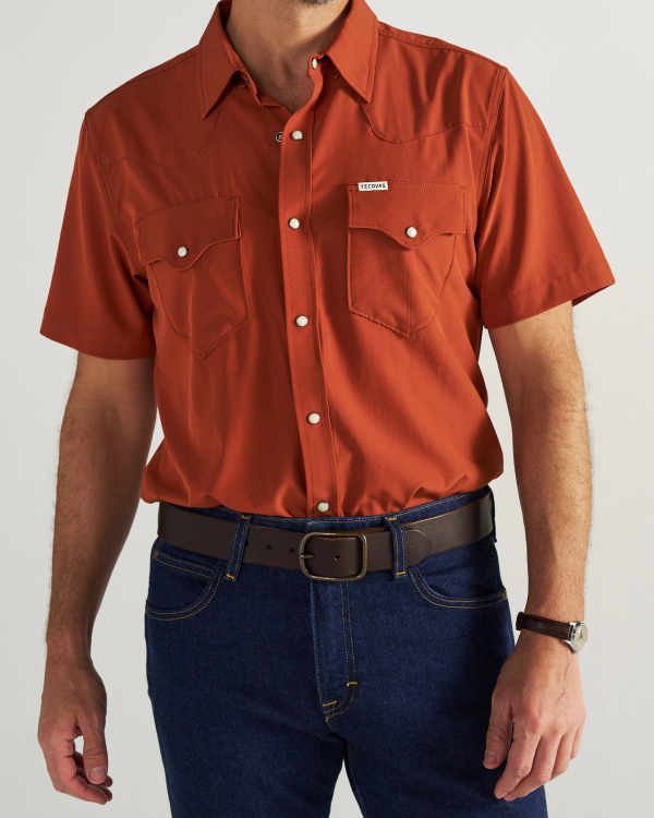 Closeup detail view of Men's Performance Western Pearl Snap SS - Orange Rust