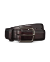 A dark brown leather belt with a silver rectangular buckle, displayed rolled up against a black background.