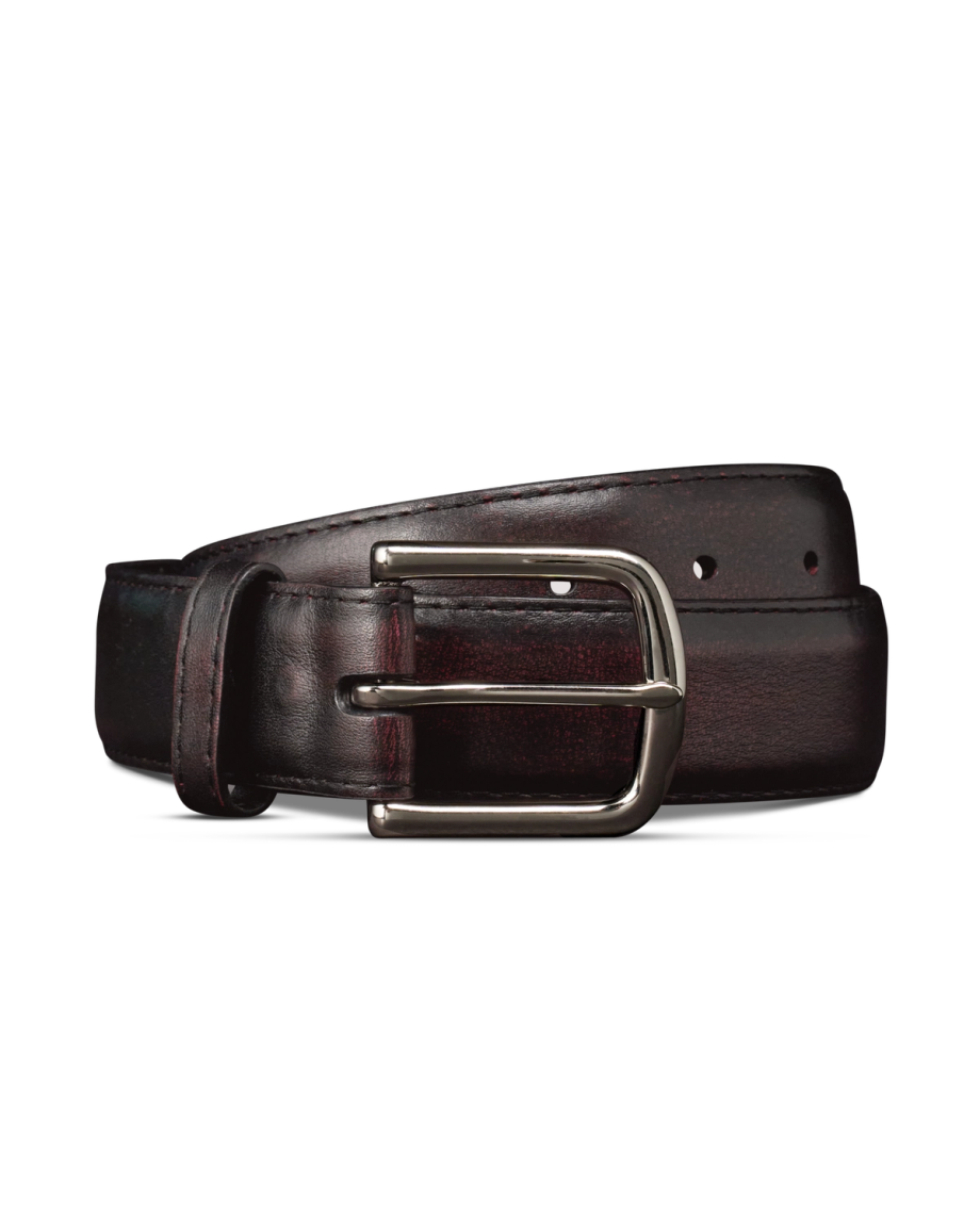 A dark brown leather belt with a silver rectangular buckle, displayed rolled up against a black background.