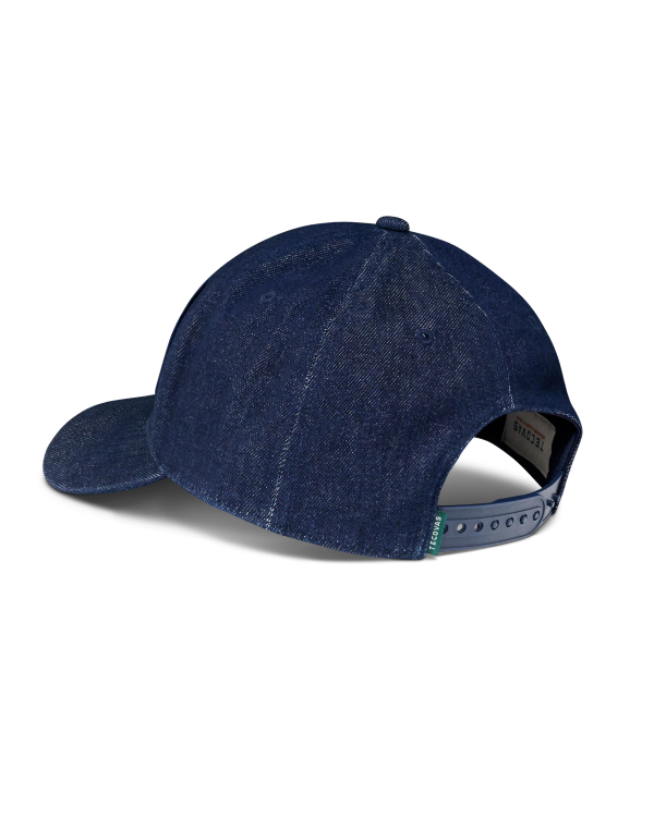 Quarterback view of Tecovas Denim 6 Panel Mid Profile Hat - Dark Blue on plain background