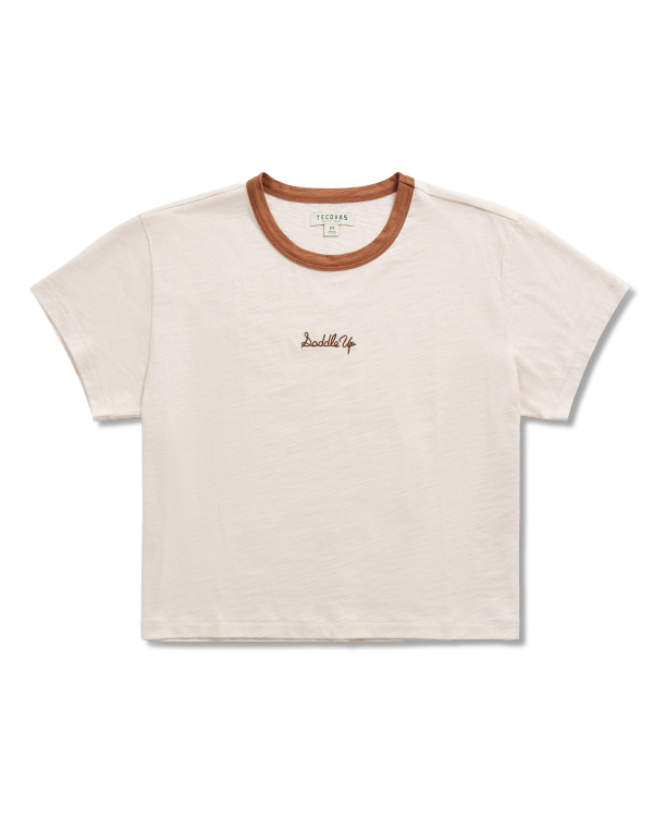 Front view of Women's Vintage Ringer Tee - Cream/Tan on plain background