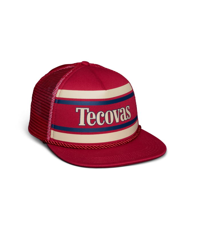 Quarterfront view of Retro 5-Panel High Pro Flat Brim Trucker - Red on plain background