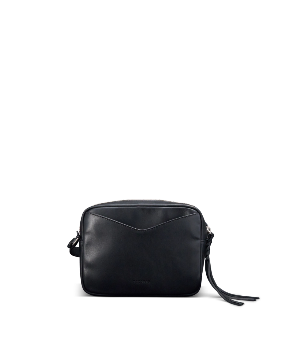 Back view of Horseshoe Topzip Crossbody - Black Cowhide on plain background