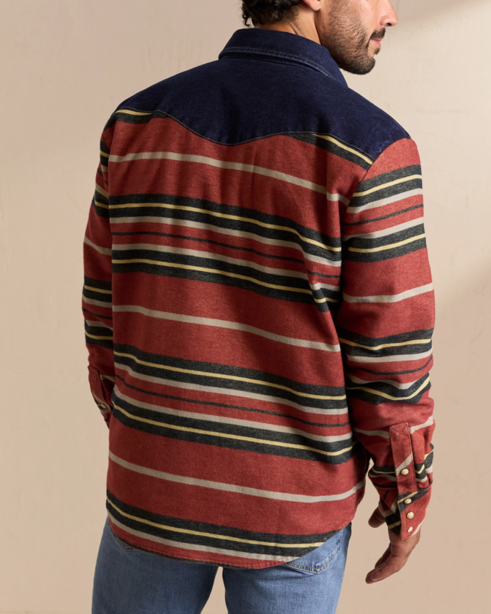 Closeup detail view of Men's Wildcat Pearl Snap Shacket - Brick Multi Stripe/Denim