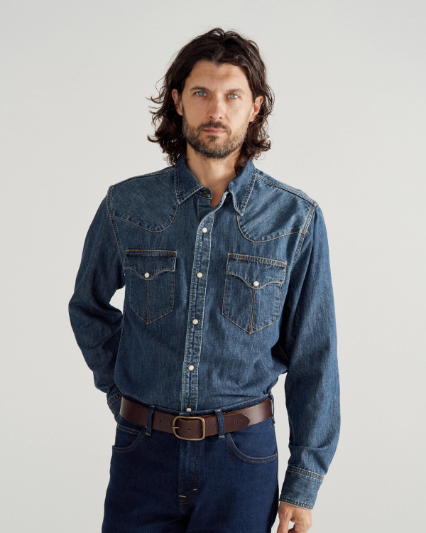 Closeup detail view of Men's Long Sleeve Denim Pearl Snap - Dark Wash