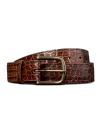 A brown leather belt with a crocodile texture and a brass buckle, coiled against a black background.