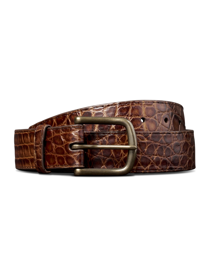 A brown leather belt with a crocodile texture and a brass buckle, coiled against a black background.