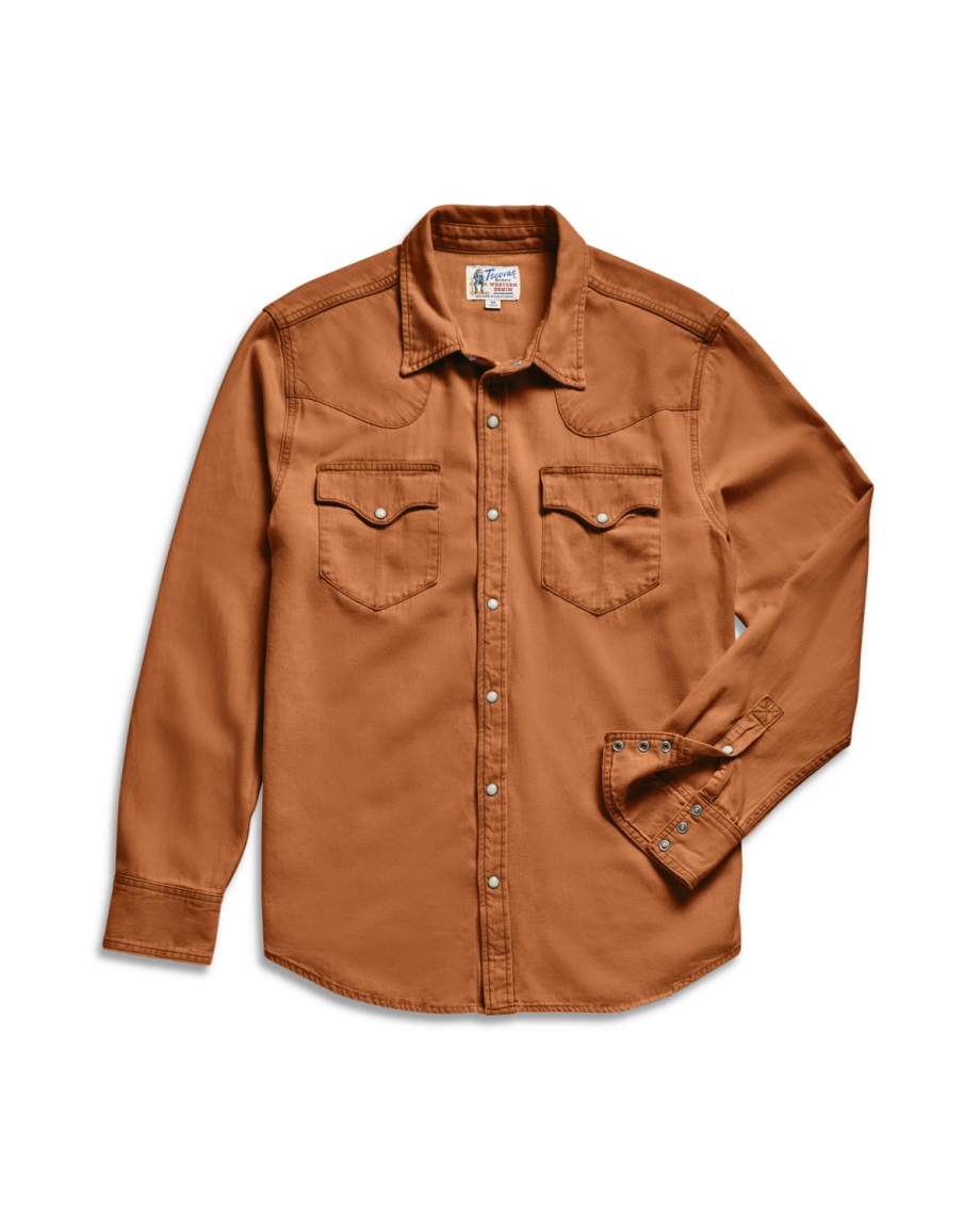 Closeup detail view of Men's Denim Long Sleeve Pearl Snap - Rust