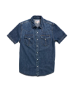 Closeup detail view of Men's Denim Short Sleeve Pearl Snap - Dark Wash