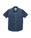 Closeup detail view of Men's Denim Short Sleeve Pearl Snap - Dark Wash