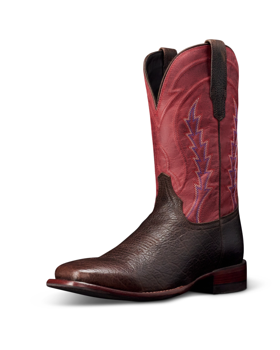 Quarterfront view of The Doc - Chocolate / Crimson Bison on plain background