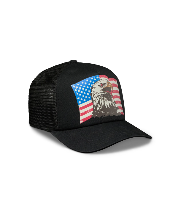 Quarterfront view of Eagle and Flag Trucker - Black on plain background