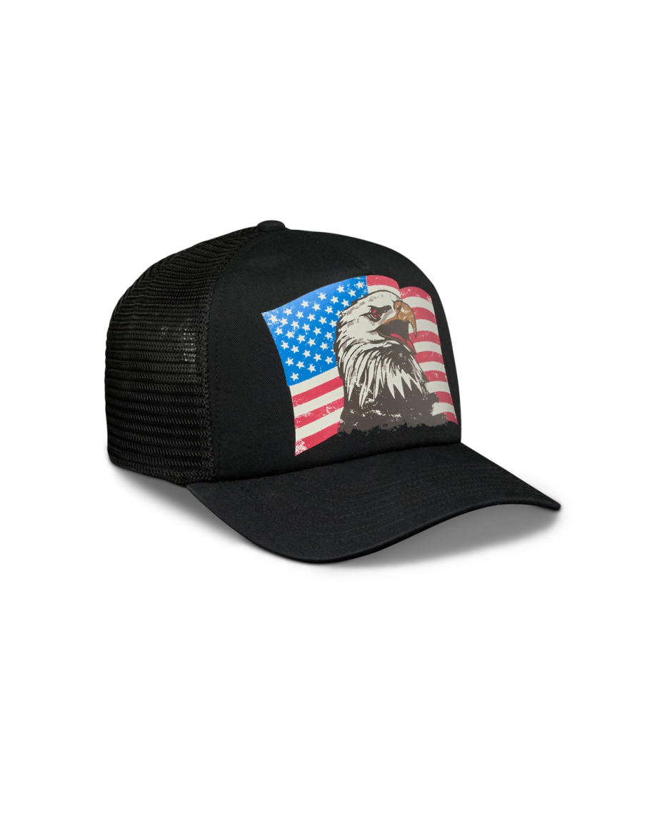 Quarterfront view of Eagle and Flag Trucker - Black on plain background