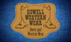 A Howell Western Wear logo displaying boots and Western Wear text, designed on a leather patch background with a denim backdrop.