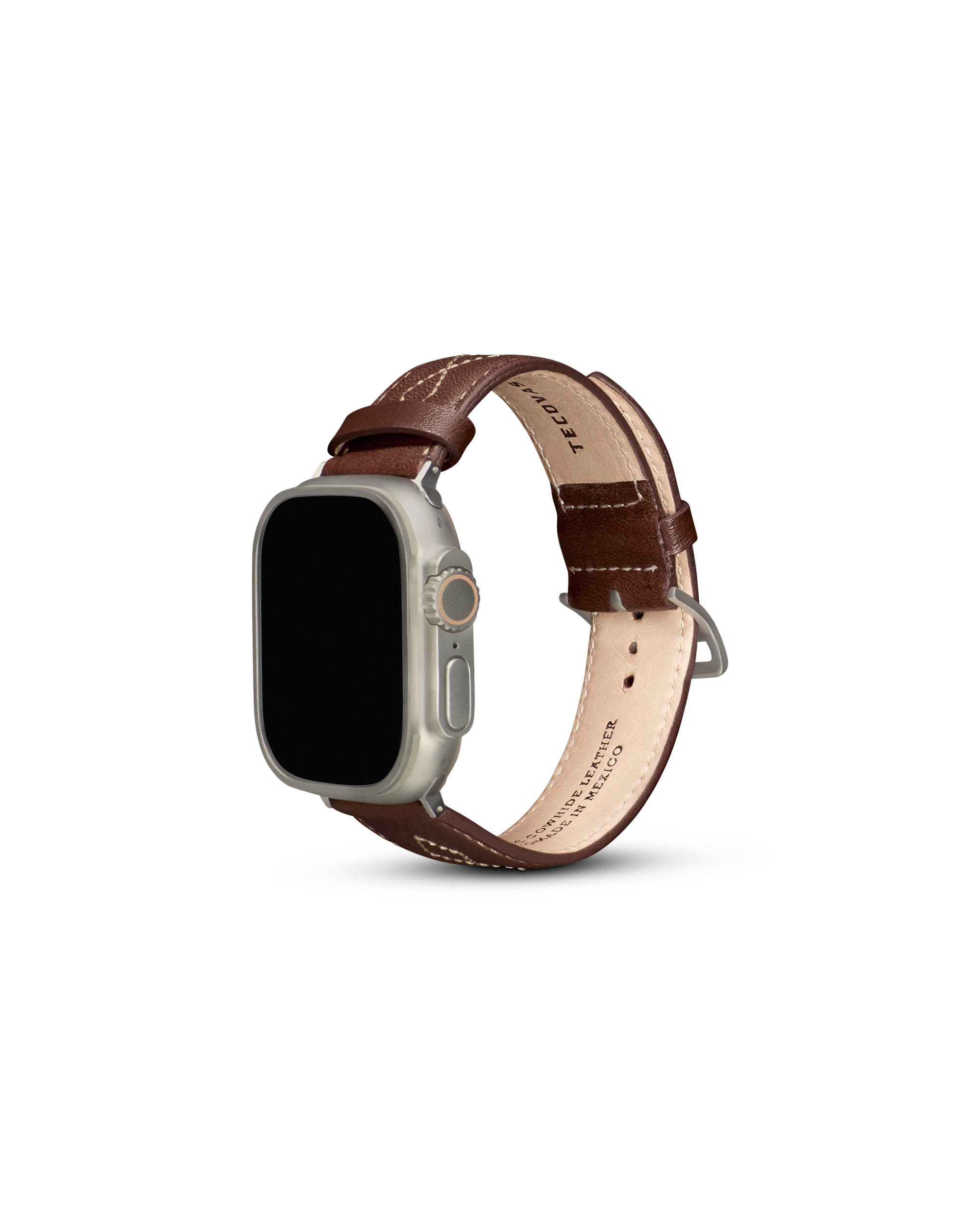 Closeup view of Cowhide Apple Watch Band - Brown
