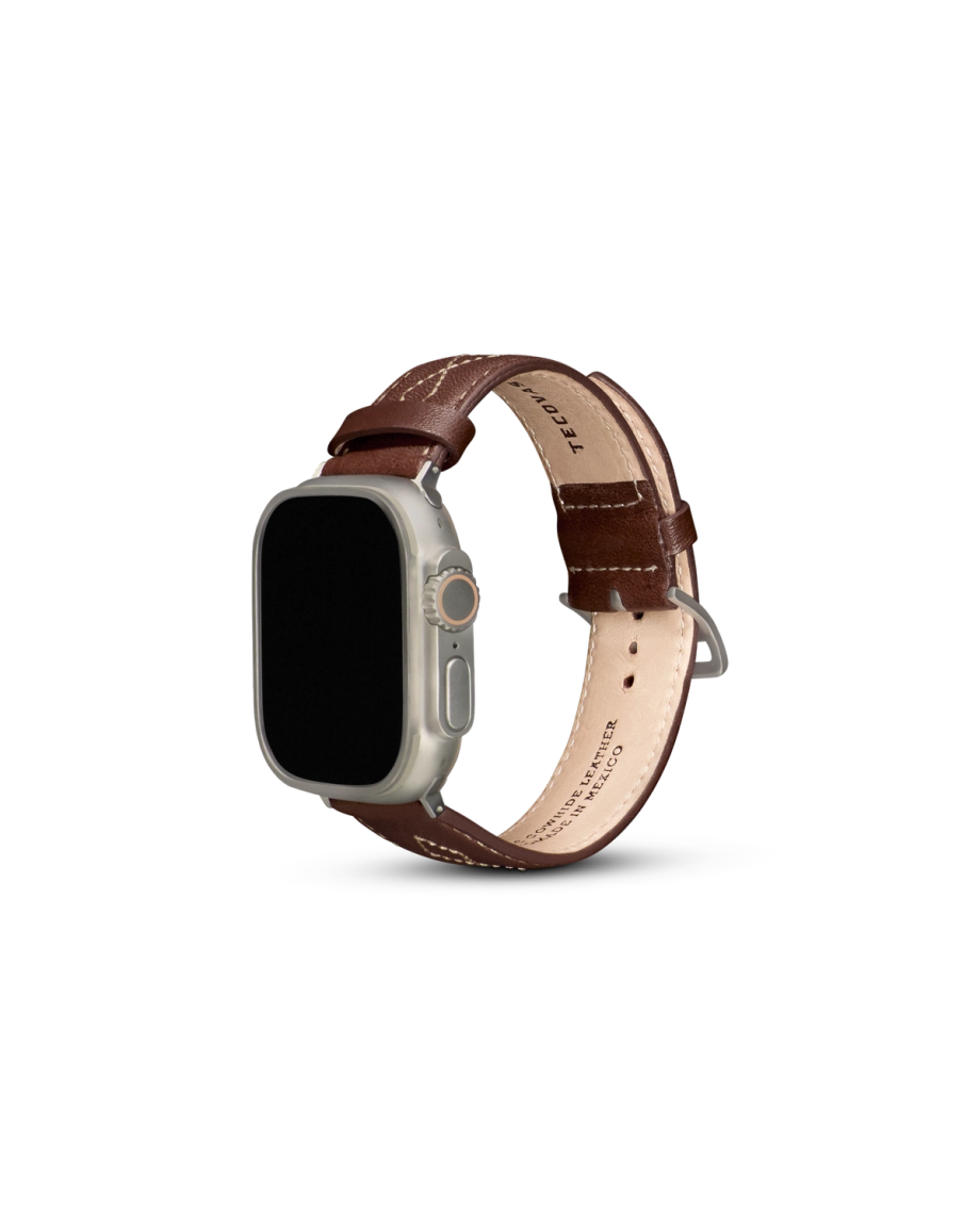 Closeup view of Cowhide Apple Watch Band - Brown
