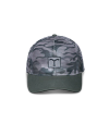Quarterfront view of Flying T Camo Mesh 6-Panel Mid Pro Trucker - Gray Camo on plain background