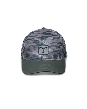 Quarterfront view of Flying T Camo Mesh 6-Panel Mid Pro Trucker - Gray Camo on plain background