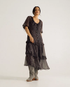 Full view of Women's Elbow-Length Maxi Dress - Burgundy / Black on model