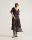 Full view of Women's Elbow-Length Maxi Dress - Burgundy / Black on model